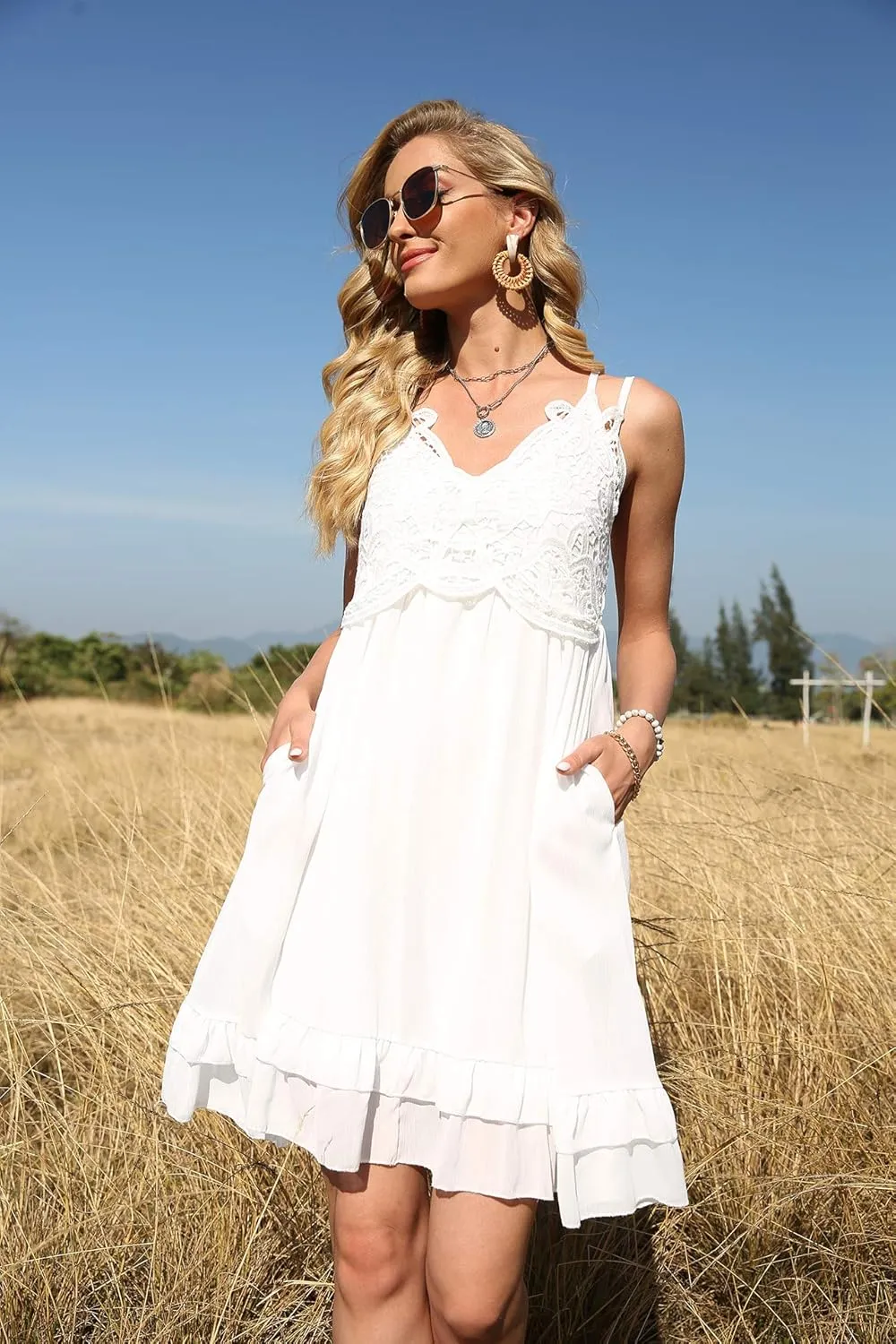 Feager Summer Dresses for Women 2023 Sexy Lace V Neck Spaghetti Strap Sun Dress Ruffle Short Boho Dress