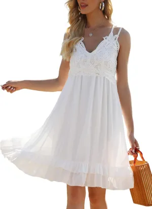 Feager Summer Dresses for Women 2023 Sexy Lace V Neck Spaghetti Strap Sun Dress Ruffle Short Boho Dress