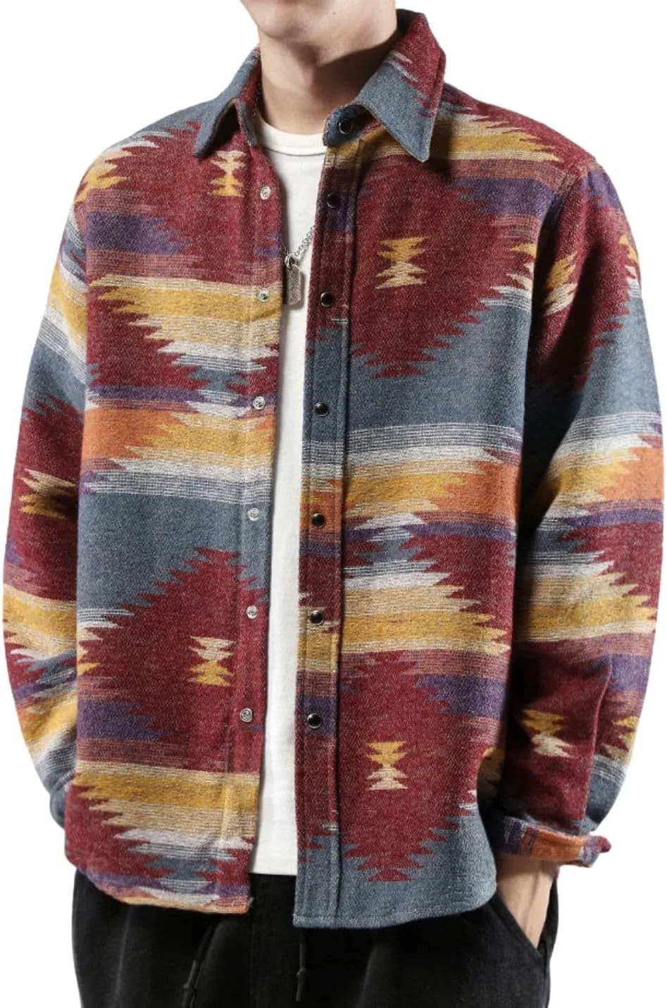 FindThy Mens Brushed Flannel Shirts Ethnic Aztec Print Button Up Lapel Tribal Shirt Jacket Shacket