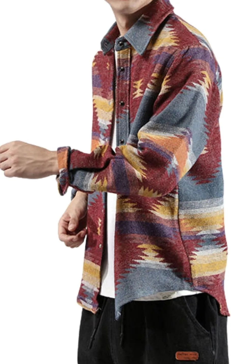 FindThy Mens Brushed Flannel Shirts Ethnic Aztec Print Button Up Lapel Tribal Shirt Jacket Shacket