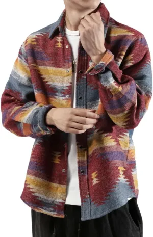 FindThy Mens Brushed Flannel Shirts Ethnic Aztec Print Button Up Lapel Tribal Shirt Jacket Shacket
