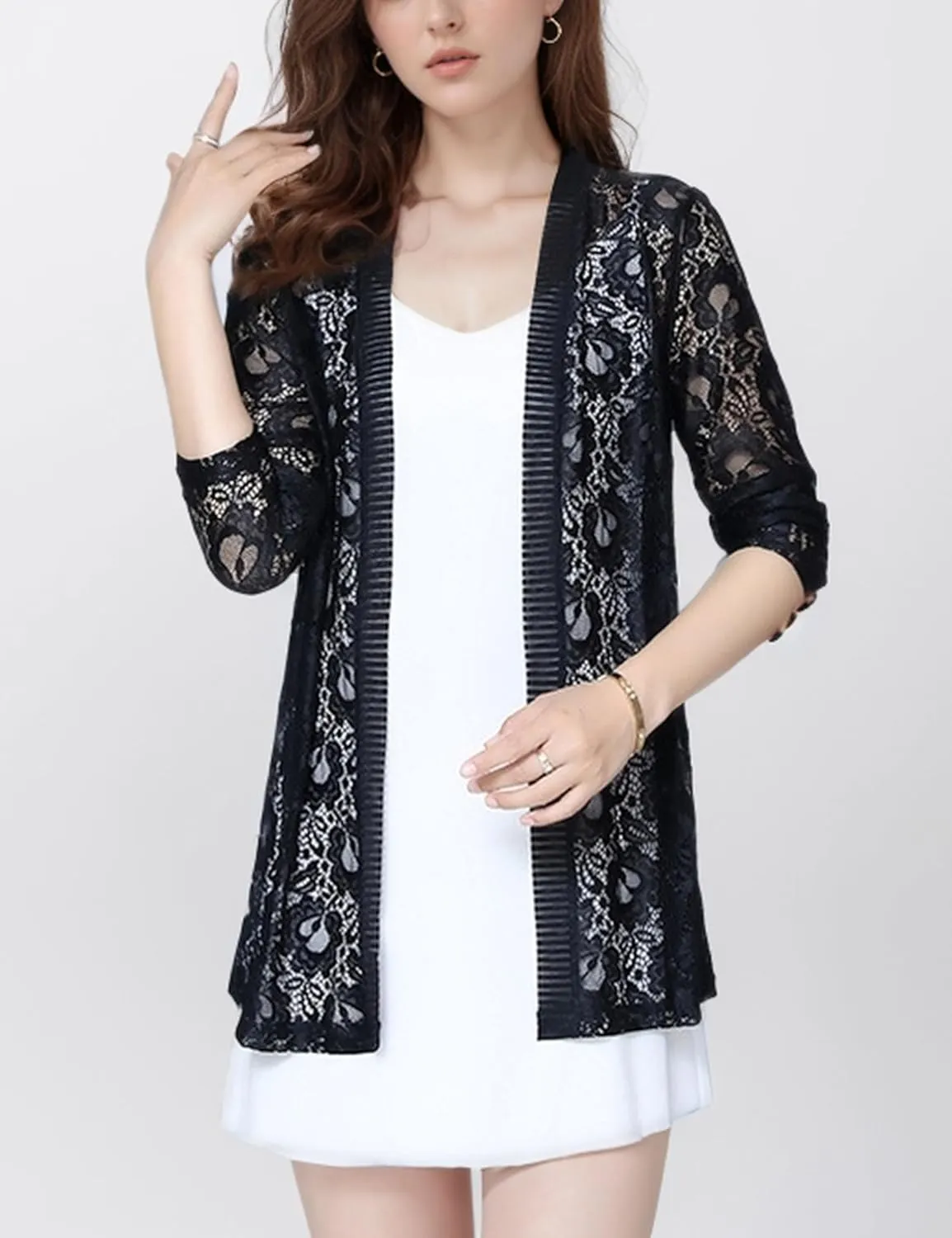 FindThy Womens 3/4 Sleeve Lace Cardigan Long Sleeve Open Front Floral Crochet Shrug Cover Up
