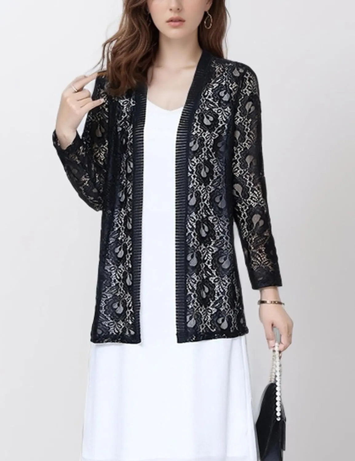 FindThy Womens 3/4 Sleeve Lace Cardigan Long Sleeve Open Front Floral Crochet Shrug Cover Up