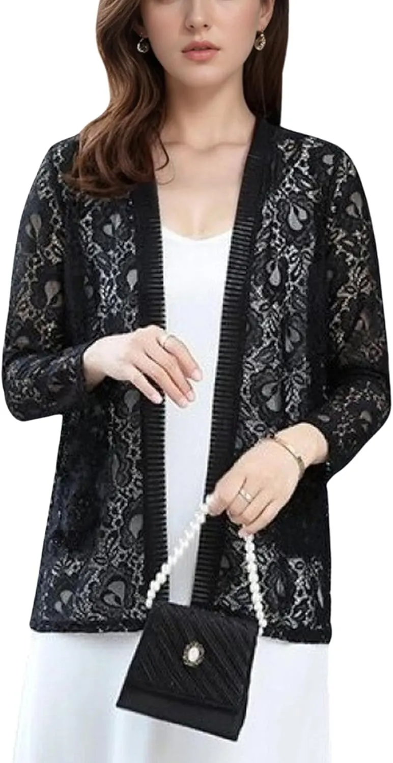 FindThy Womens 3/4 Sleeve Lace Cardigan Long Sleeve Open Front Floral Crochet Shrug Cover Up