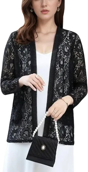 FindThy Womens 3/4 Sleeve Lace Cardigan Long Sleeve Open Front Floral Crochet Shrug Cover Up