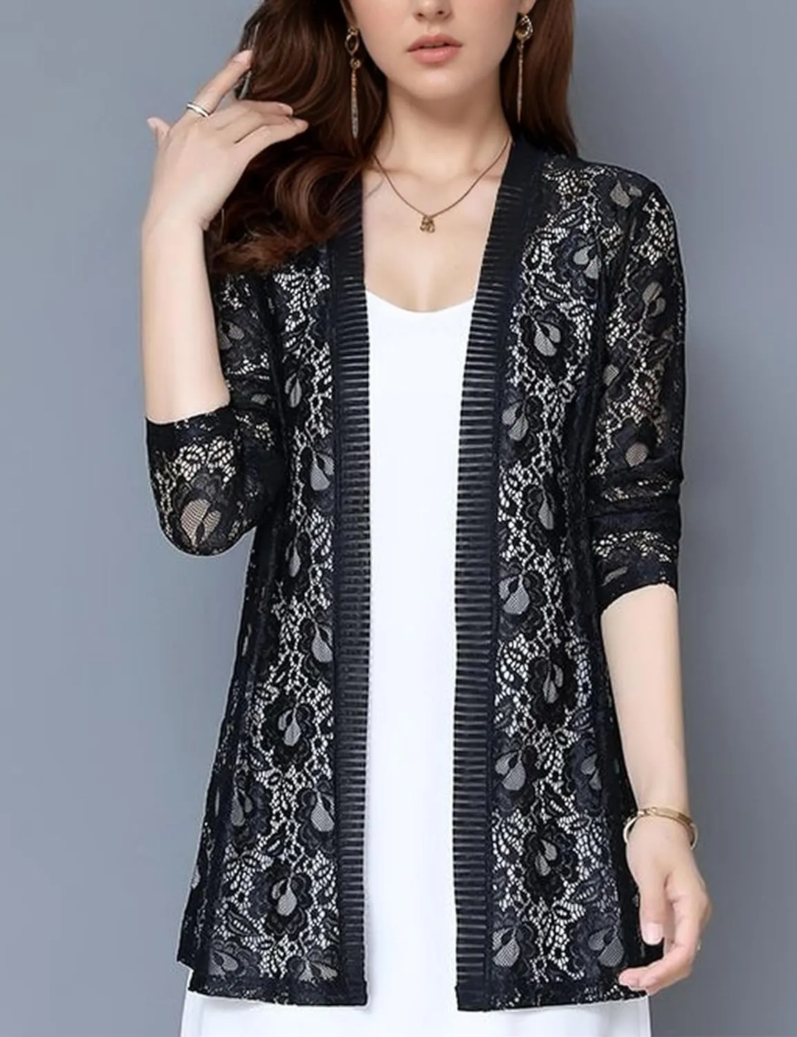 FindThy Womens 3/4 Sleeve Lace Cardigan Long Sleeve Open Front Floral Crochet Shrug Cover Up