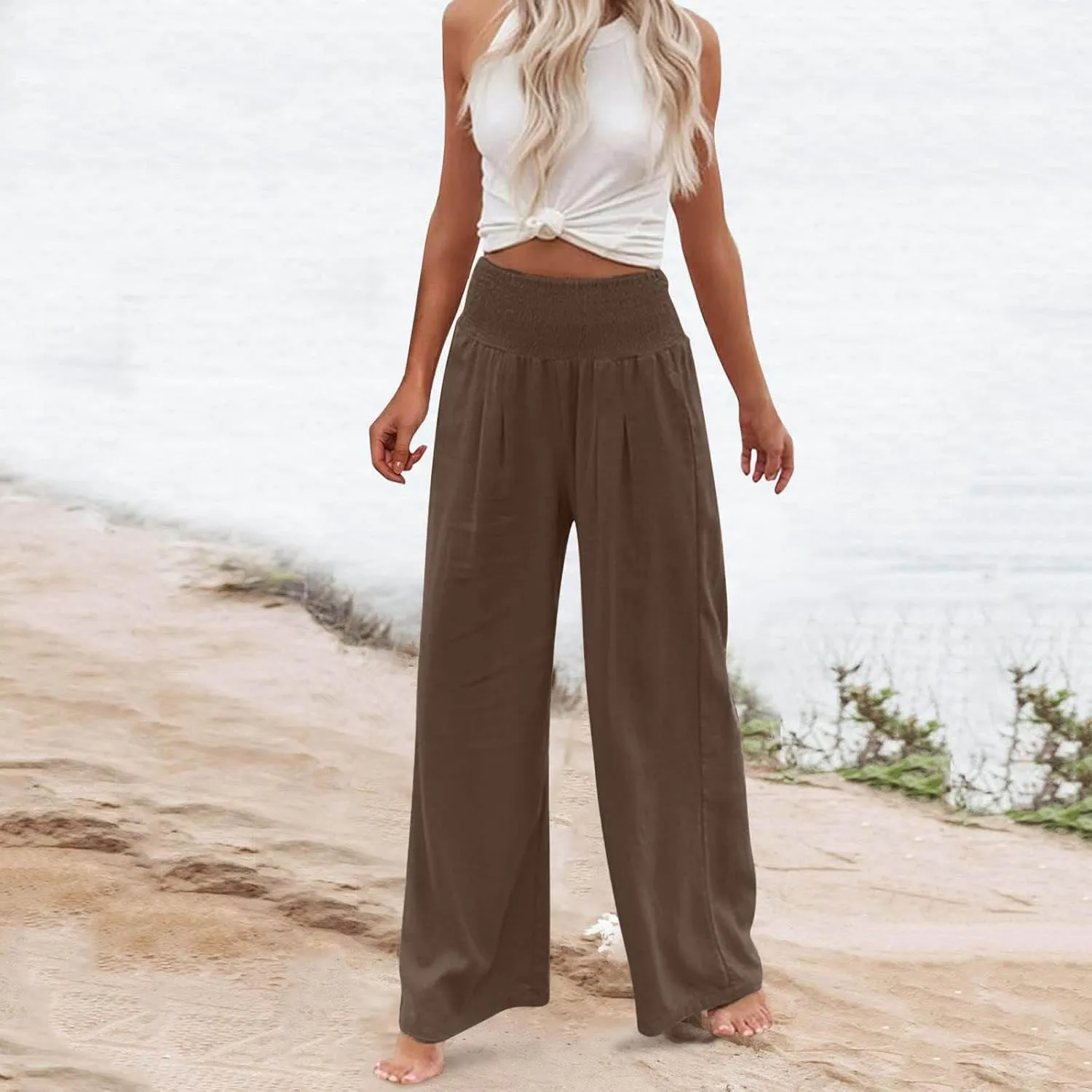 Firzero Wide Leg Trousers Women Plus Size Elastic High Waist Straight Pants 2024 Summer Casual Cotton Linen Beach Pants
