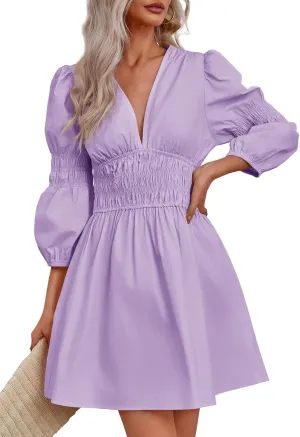 Fisoew Women's Deep V Neck Mini Dress Casual Puff Long Sleeve Smocked Waist Short Dresses