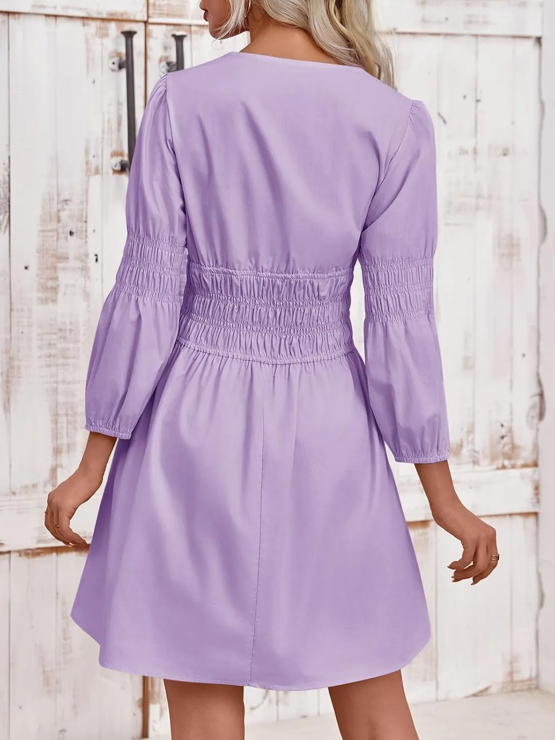 Fisoew Women's Deep V Neck Mini Dress Casual Puff Long Sleeve Smocked Waist Short Dresses