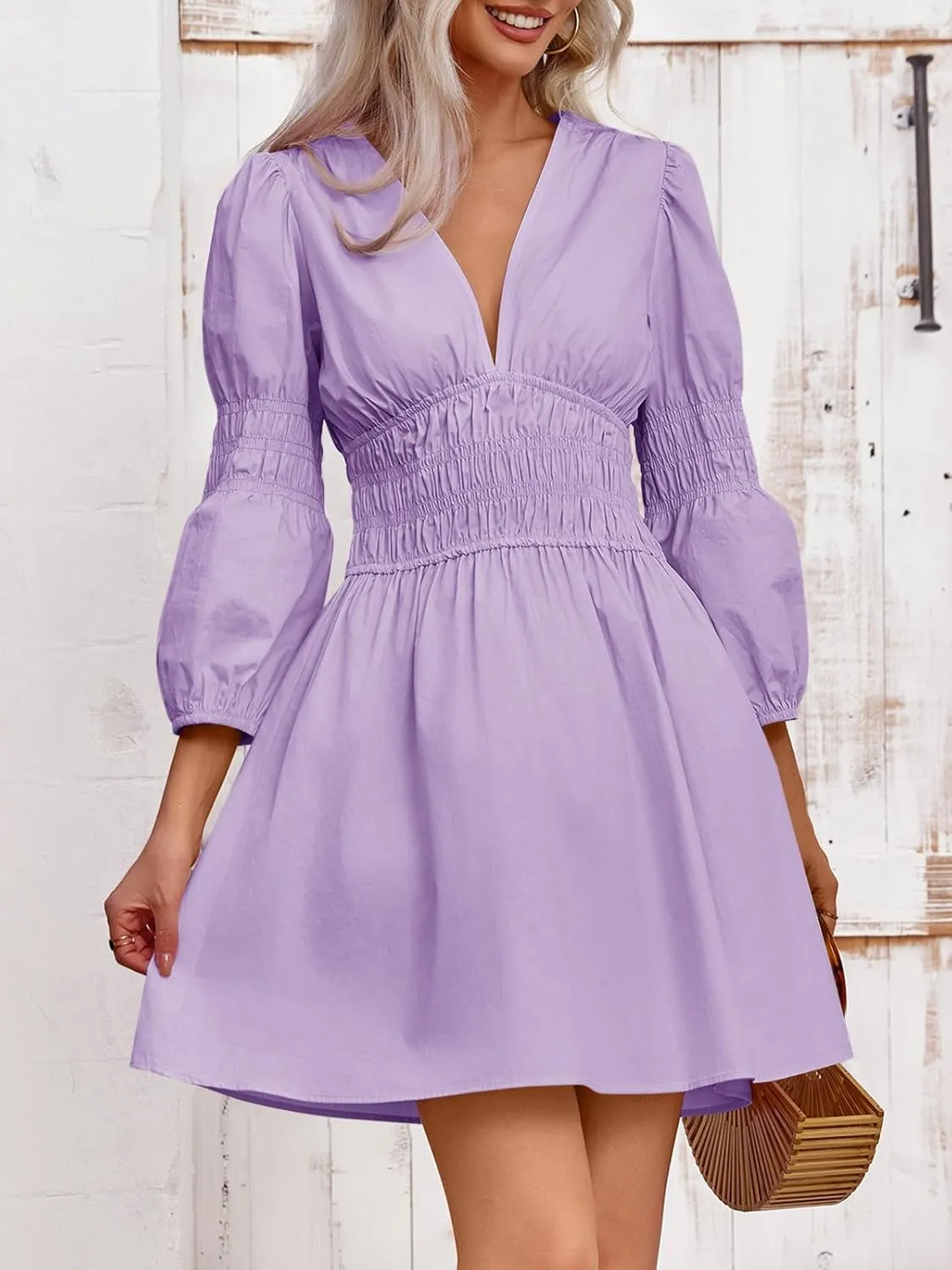 Fisoew Women's Deep V Neck Mini Dress Casual Puff Long Sleeve Smocked Waist Short Dresses