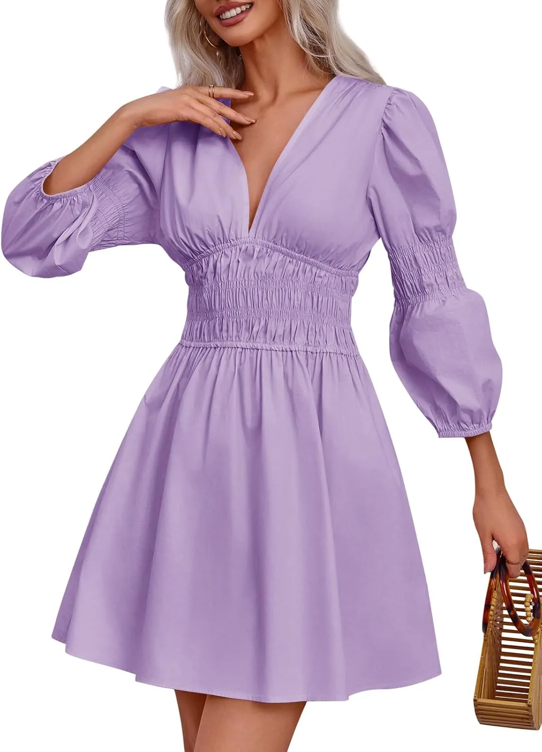 Fisoew Women's Deep V Neck Mini Dress Casual Puff Long Sleeve Smocked Waist Short Dresses
