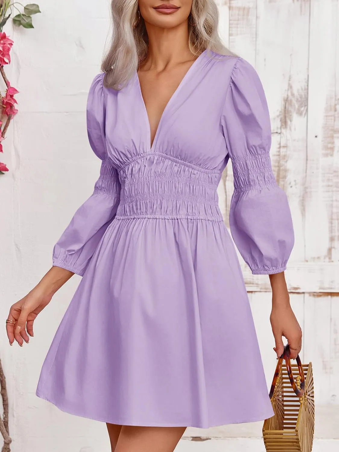 Fisoew Women's Deep V Neck Mini Dress Casual Puff Long Sleeve Smocked Waist Short Dresses