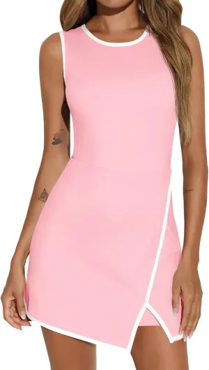 Fisoew Women's Workout Tennis Dress with Built-in Bra & Shorts Pockets Sleeveless Crewneck Golf Athletic Mini Dresses