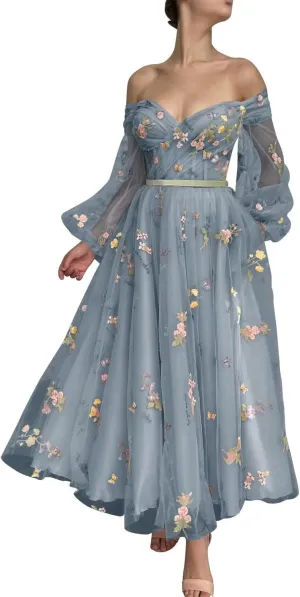 Fivsole Women's Off Shoulder Puffy Sleeve Prom Dress Flower Embroidery Tulle Short Formal Evening Party Gowns