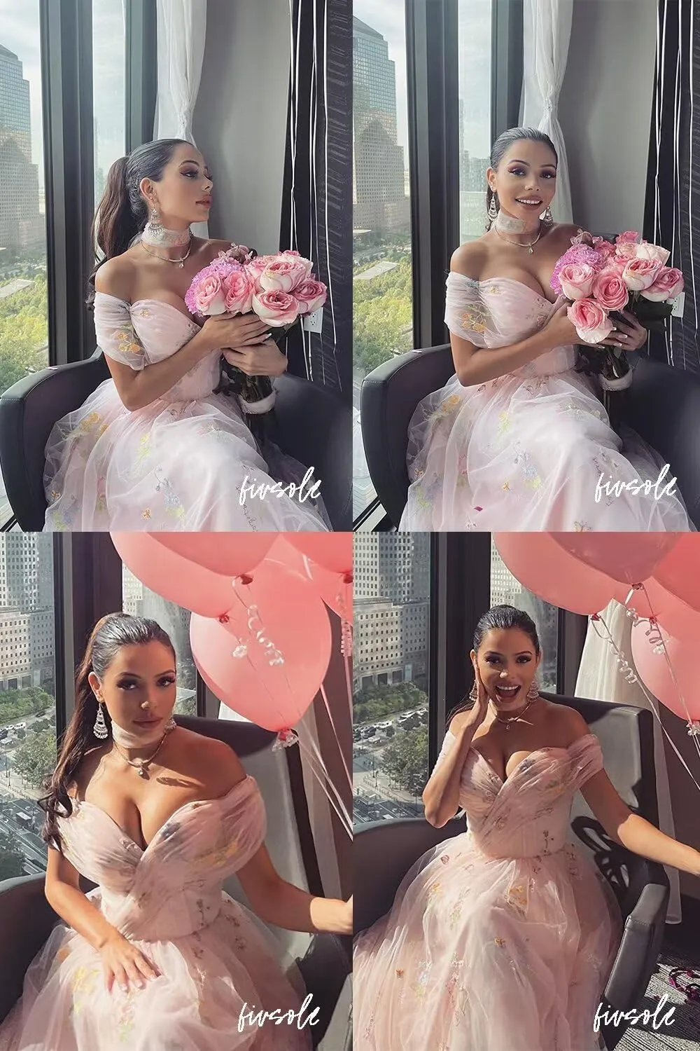 Fivsole Women's Off Shoulder Puffy Sleeve Prom Dress Flower Embroidery Tulle Short Formal Evening Party Gowns