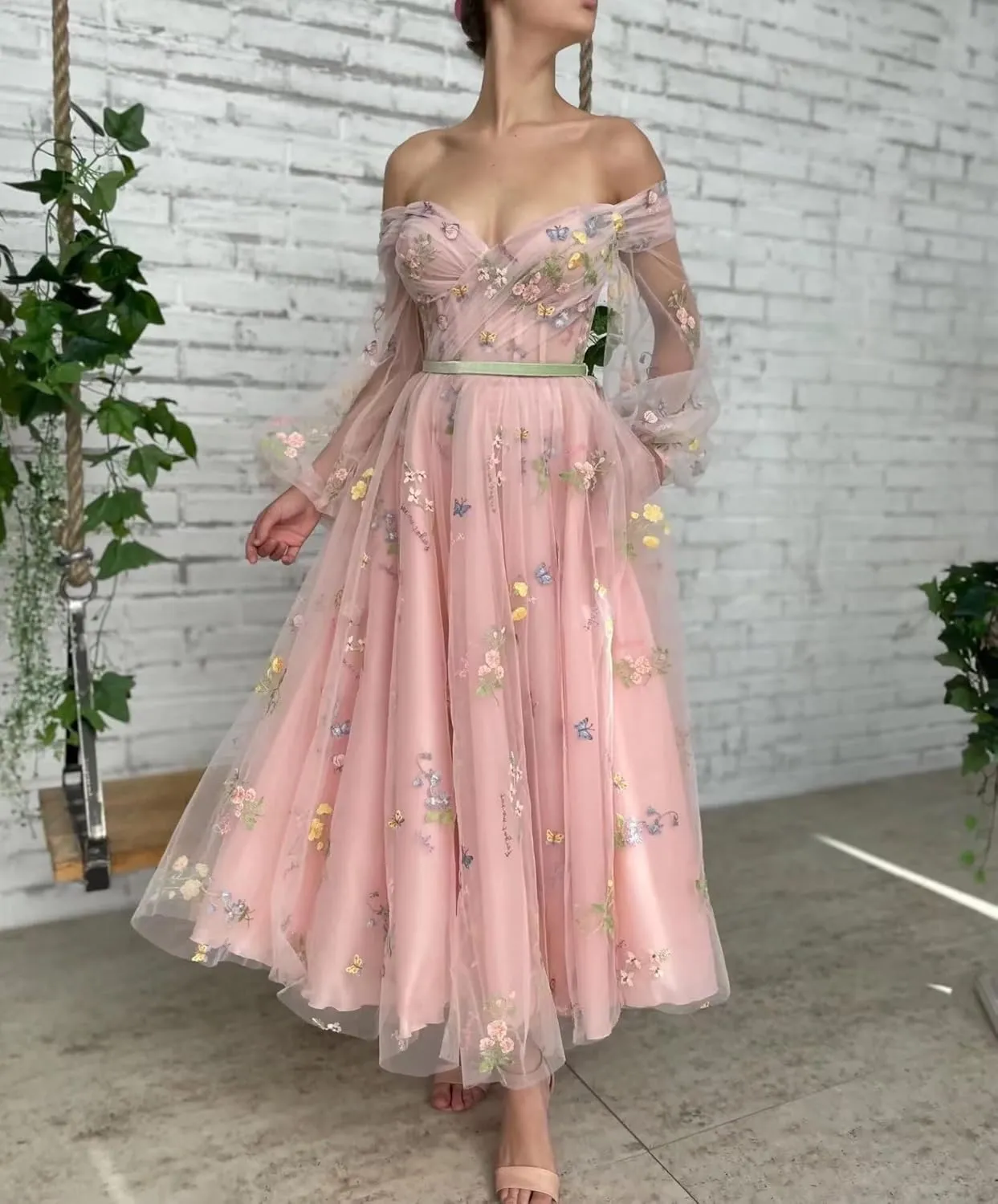 Fivsole Women's Off Shoulder Puffy Sleeve Prom Dress Flower Embroidery Tulle Short Formal Evening Party Gowns