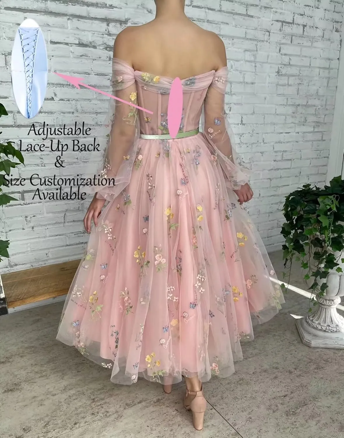 Fivsole Women's Off Shoulder Puffy Sleeve Prom Dress Flower Embroidery Tulle Short Formal Evening Party Gowns