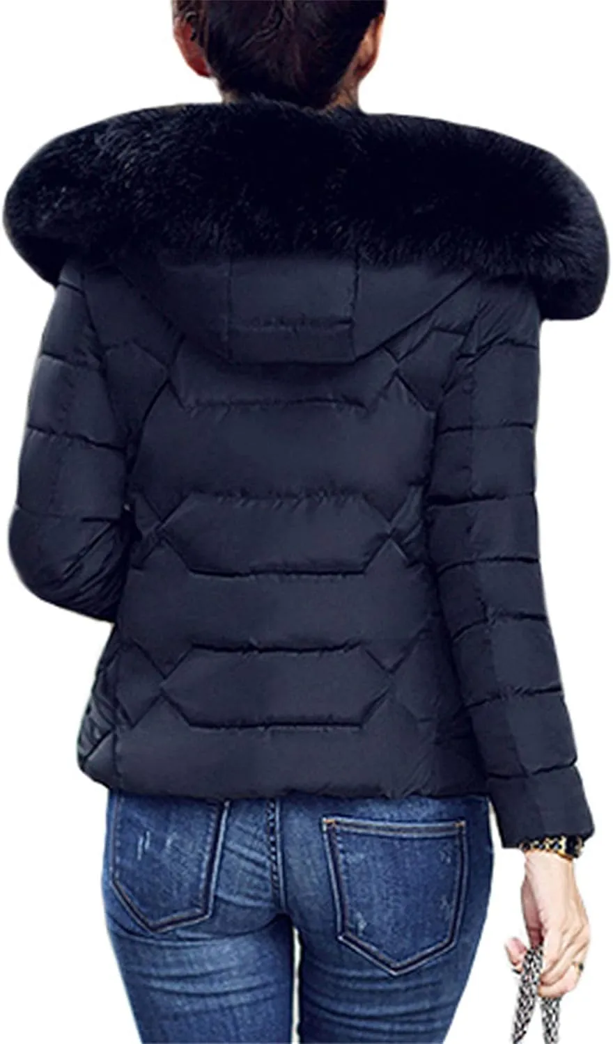 FLITAY Womens Long Sleeve Thicken Down Jacket Quilted Warm Parka Jackets With Faux Fur Hood