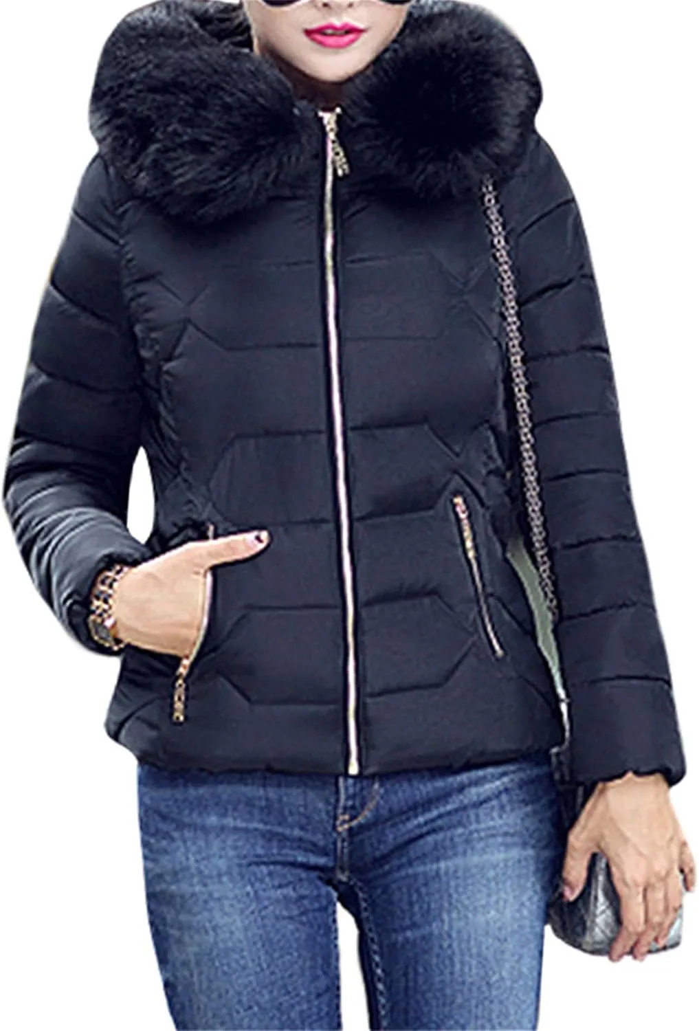 FLITAY Womens Long Sleeve Thicken Down Jacket Quilted Warm Parka Jackets With Faux Fur Hood