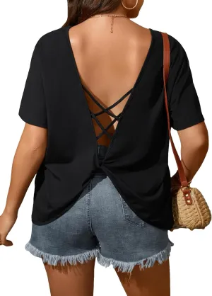 Floerns Women's Plus Size Criss Cross Twis Back Short Sleeve Backless T Shirt Tops