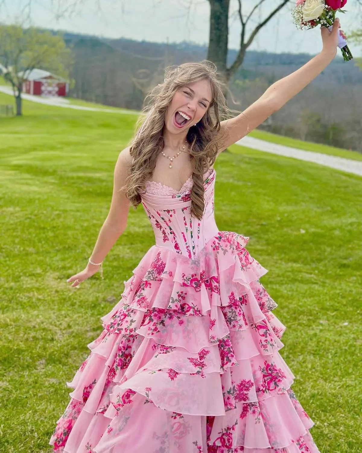Floral Prom Dresses Ruffles Tiered Chiffon Long Strapless Ball Gown A-Line Sweetheart Formal Evening Gown