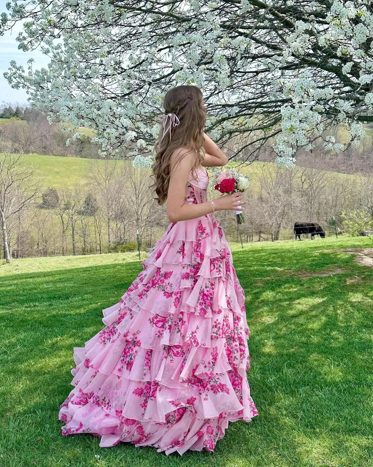 Floral Prom Dresses Ruffles Tiered Chiffon Long Strapless Ball Gown A-Line Sweetheart Formal Evening Gown