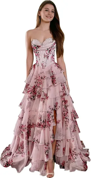 Floral Prom Dresses Ruffles Tiered Chiffon Long Strapless Ball Gown A-Line Sweetheart Formal Evening Gown