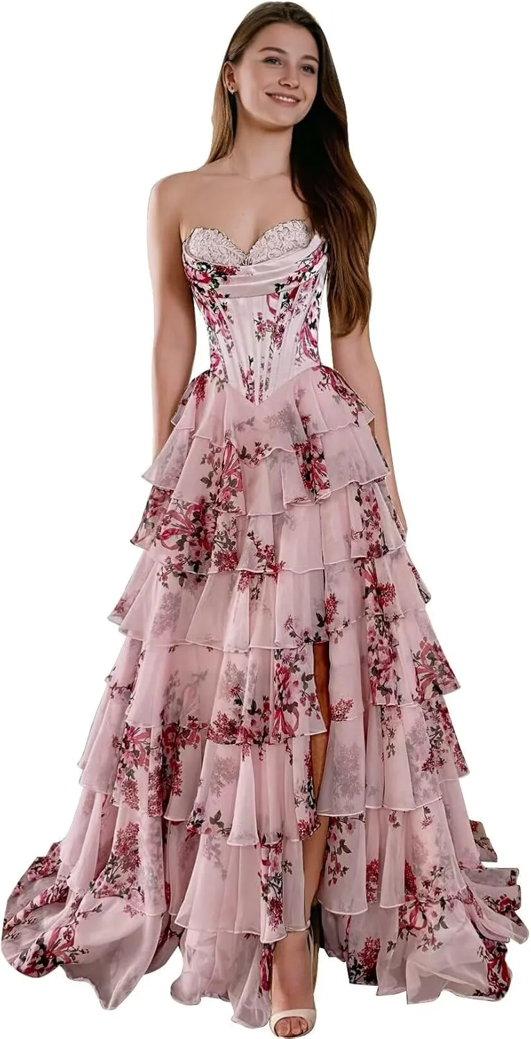 Floral Prom Dresses Ruffles Tiered Chiffon Long Strapless Ball Gown A-Line Sweetheart Formal Evening Gown