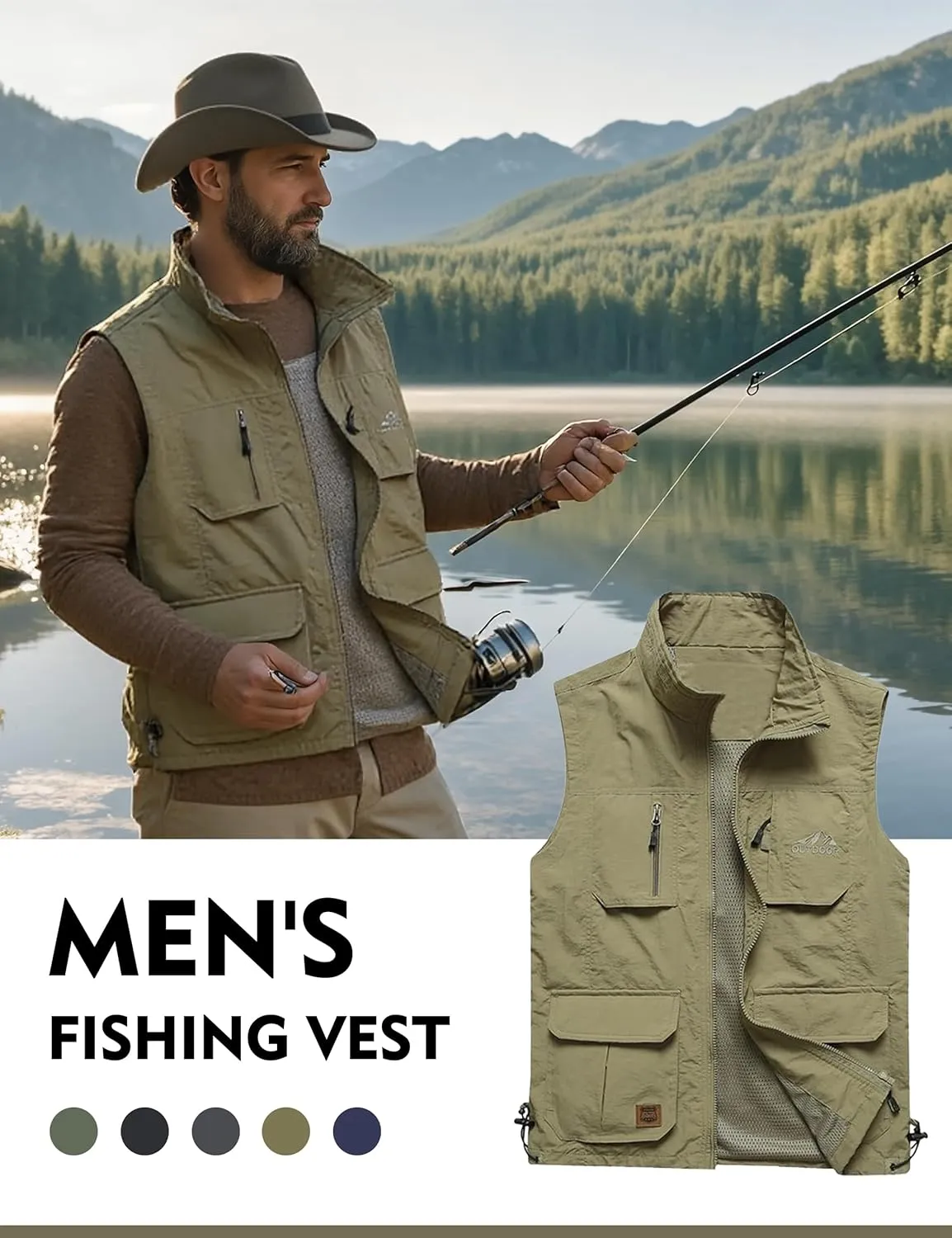 Flygo Men's Lightweight Outdoor Travel Work Fishing Vest with Multi-Pockets