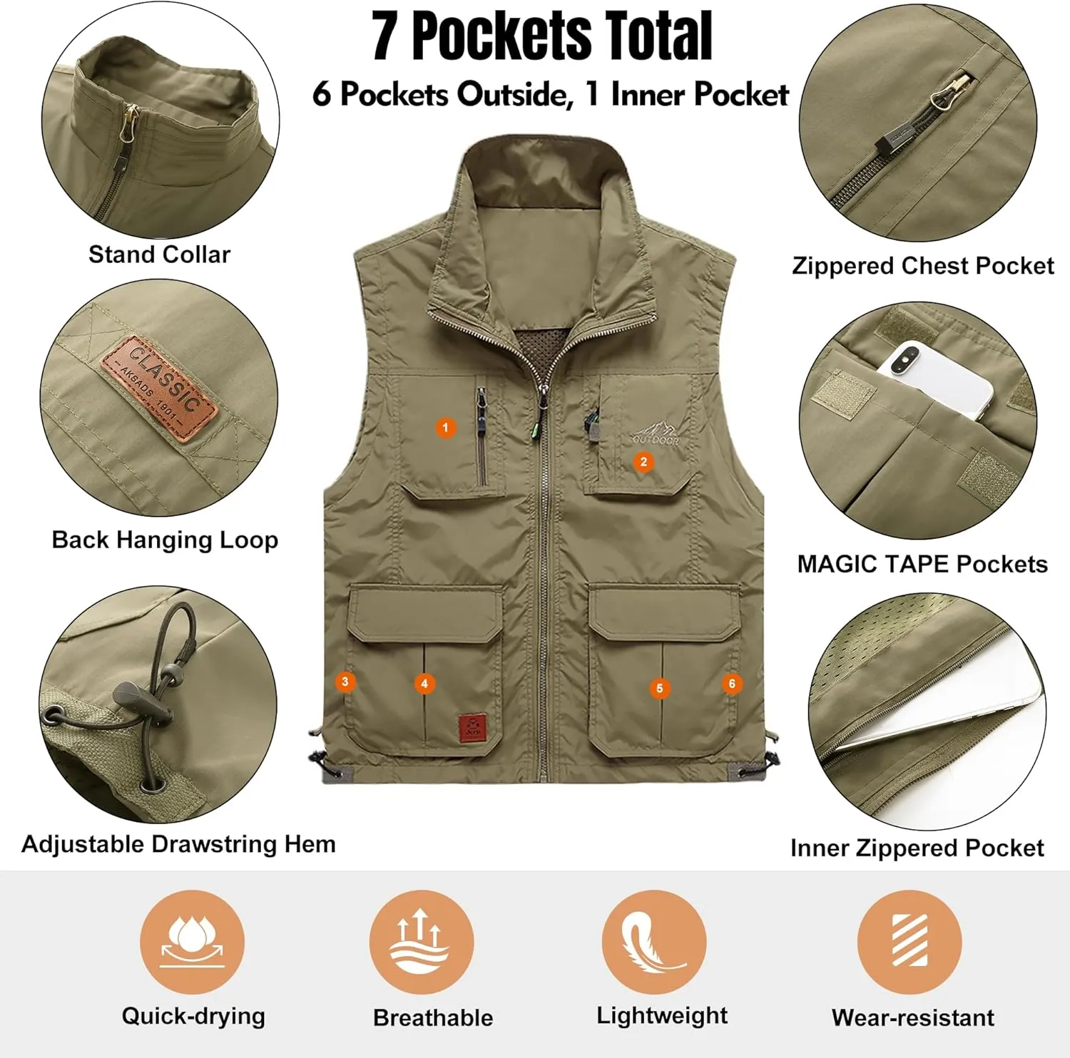 Flygo Men's Lightweight Outdoor Travel Work Fishing Vest with Multi-Pockets