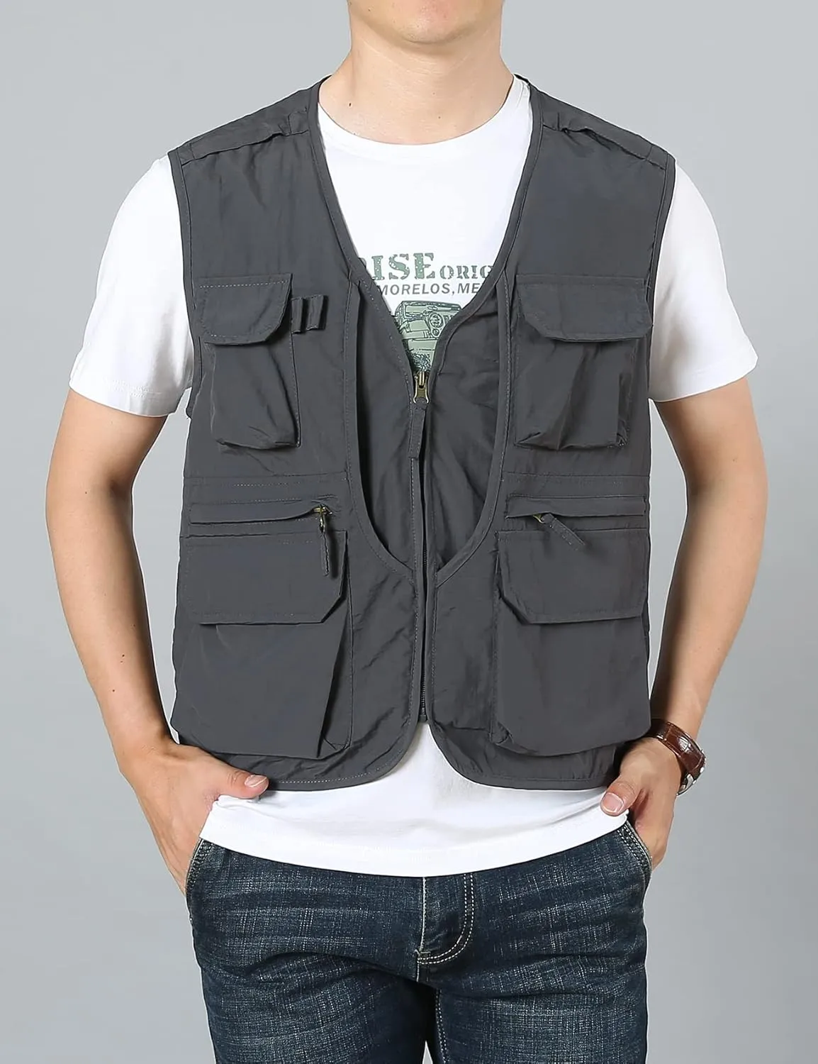 Flygo Men's Utility Cargo Vest Outdoor Fishing Safari Travel Work Photo Vest with Pockets