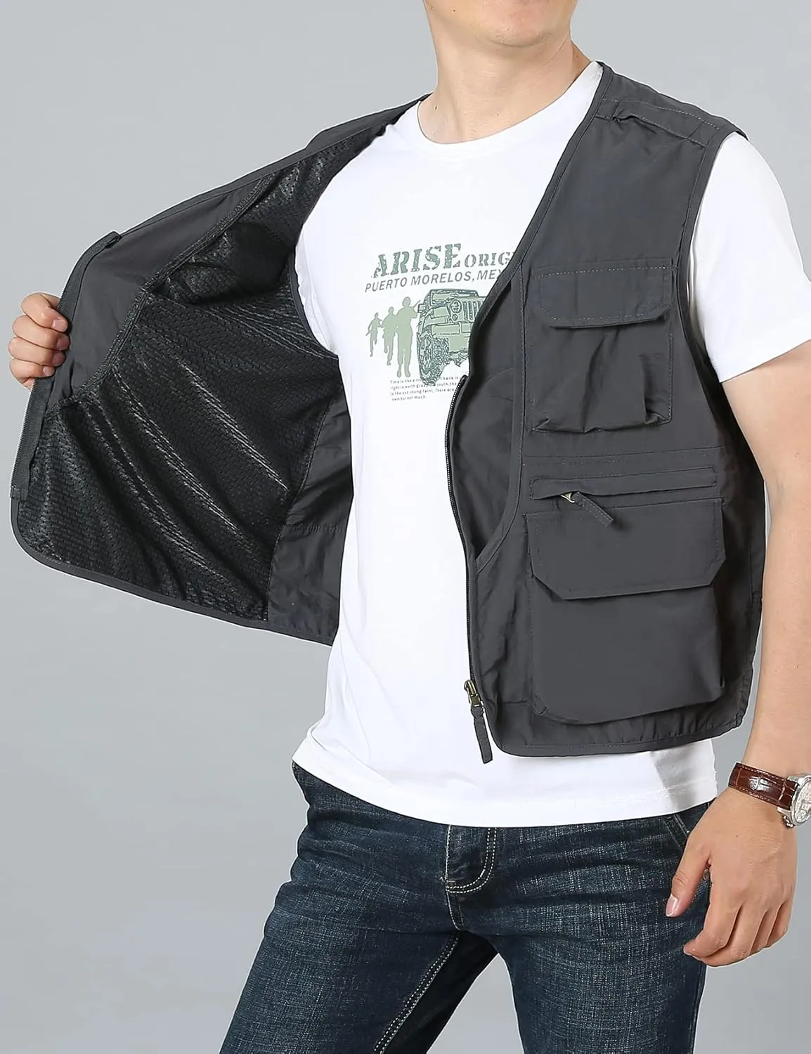 Flygo Men's Utility Cargo Vest Outdoor Fishing Safari Travel Work Photo Vest with Pockets