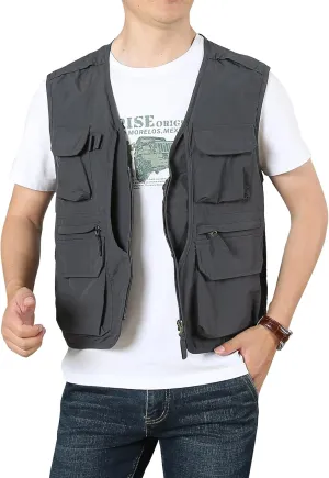 Flygo Men's Utility Cargo Vest Outdoor Fishing Safari Travel Work Photo Vest with Pockets