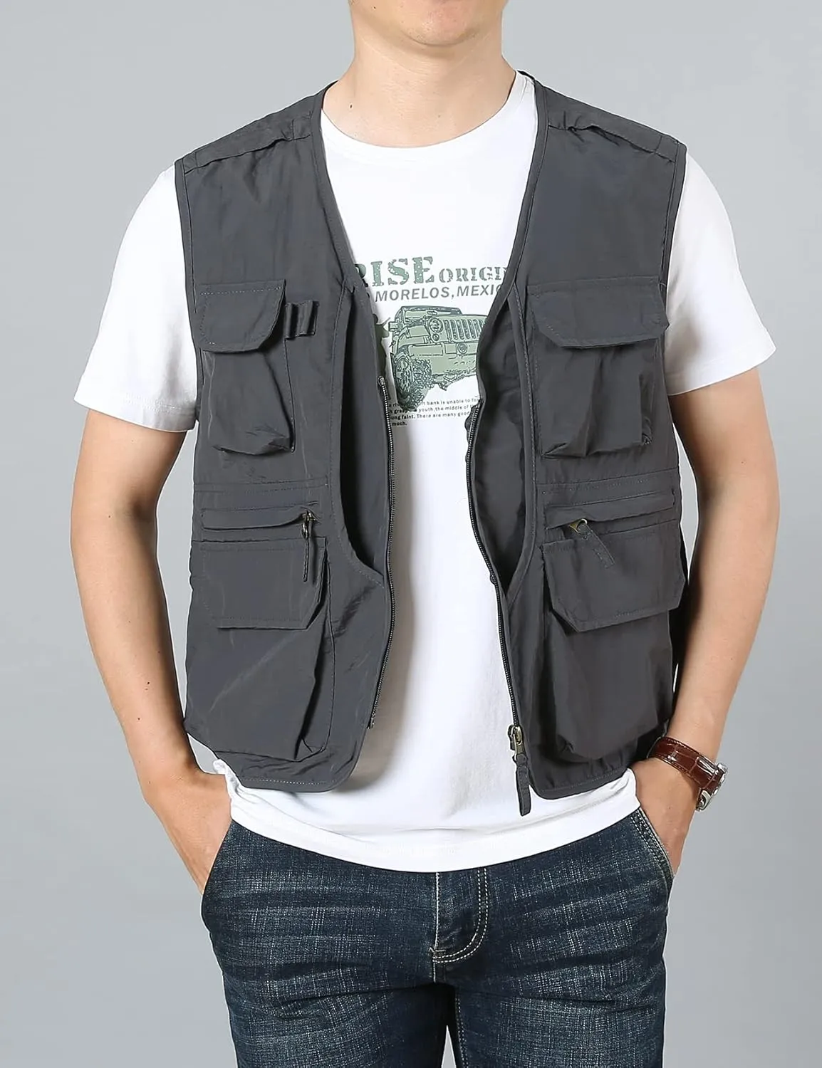 Flygo Men's Utility Cargo Vest Outdoor Fishing Safari Travel Work Photo Vest with Pockets