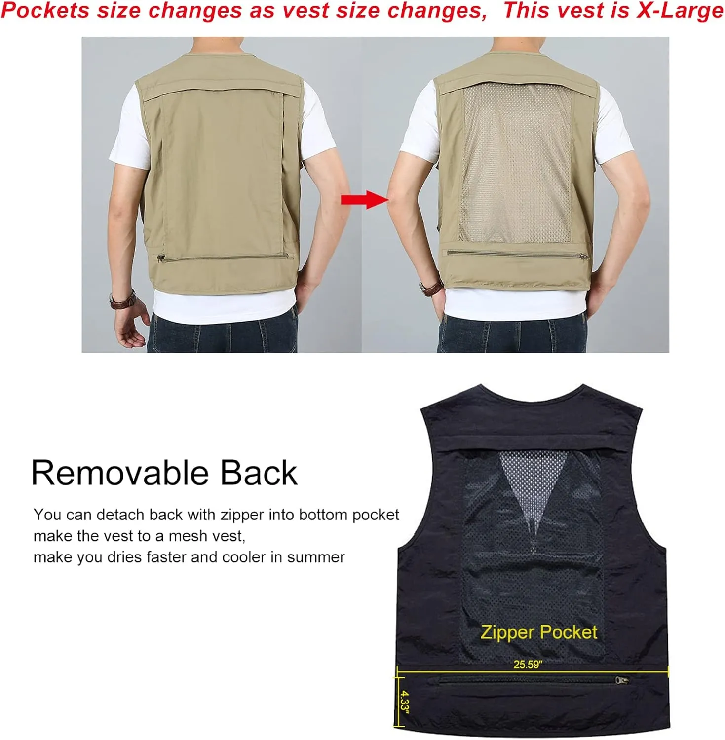 Flygo Men's Utility Cargo Vest Outdoor Fishing Safari Travel Work Photo Vest with Pockets