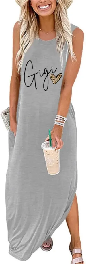 FORHVIPS Summer Dress for Women Leopard Heart Gigi Graphic Casual Dresses Sleeveless Split Maxi Long Sundress
