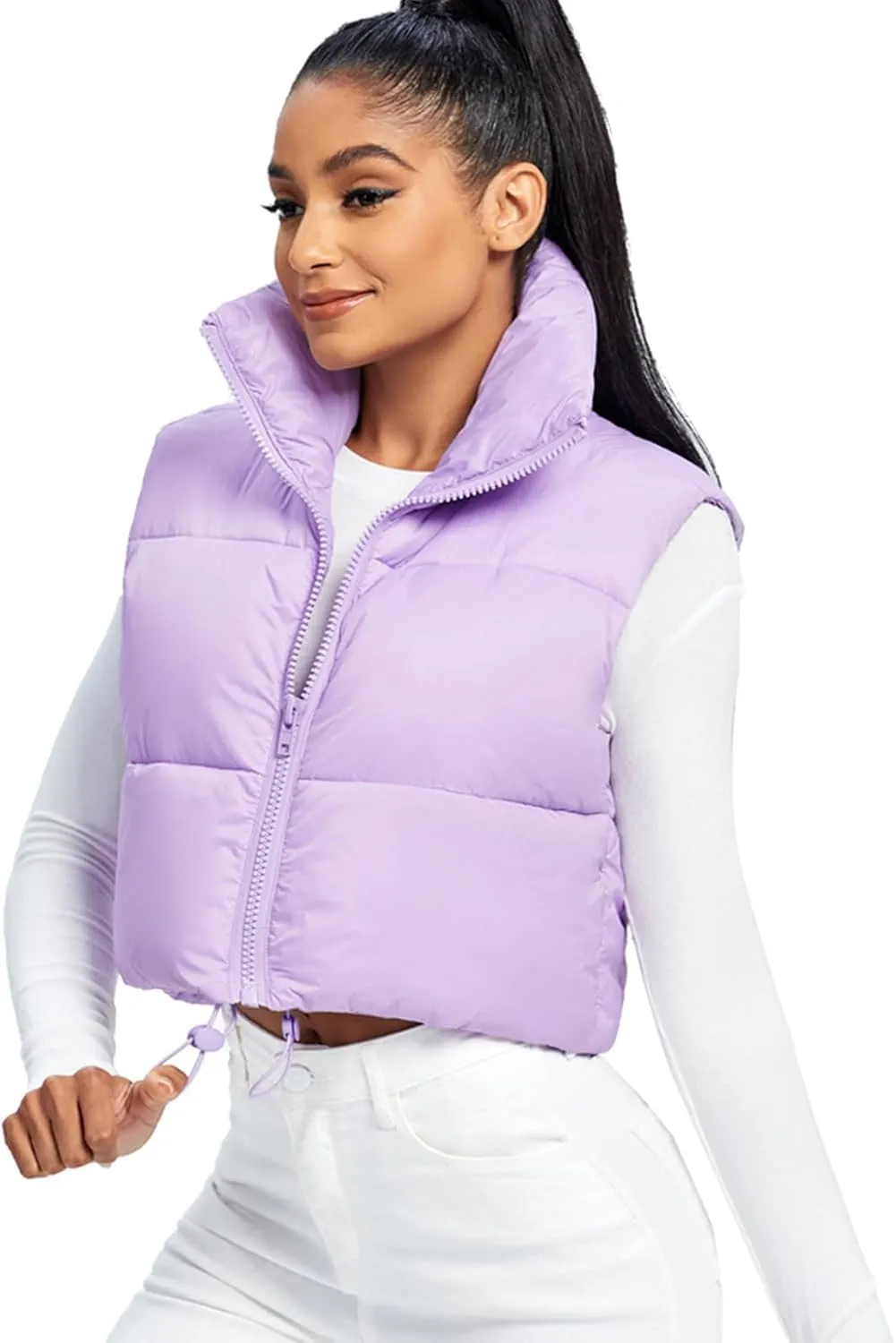 Fuinloth Women's Padded Vest, High Stand Collar Lightweight Zip Crop Puffer Gilet