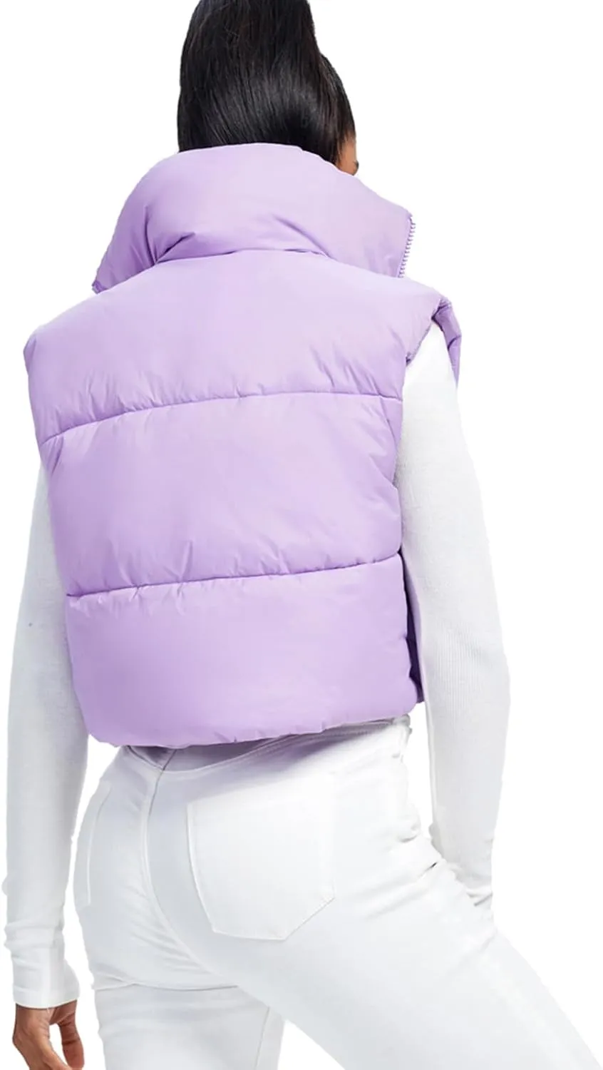 Fuinloth Women's Padded Vest, High Stand Collar Lightweight Zip Crop Puffer Gilet