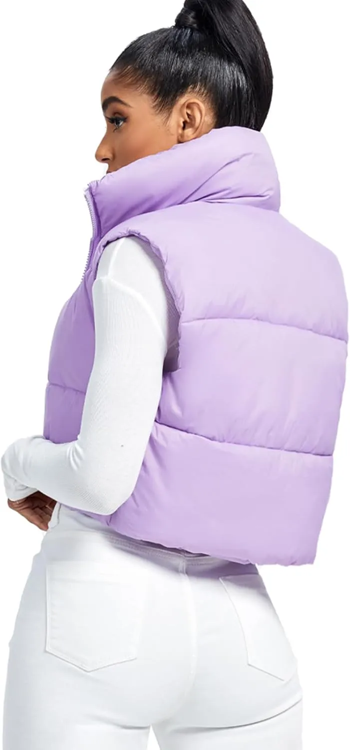 Fuinloth Women's Padded Vest, High Stand Collar Lightweight Zip Crop Puffer Gilet