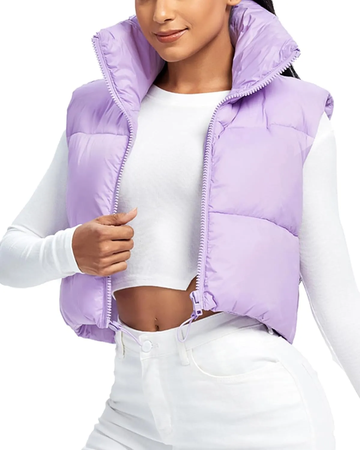 Fuinloth Women's Padded Vest, High Stand Collar Lightweight Zip Crop Puffer Gilet