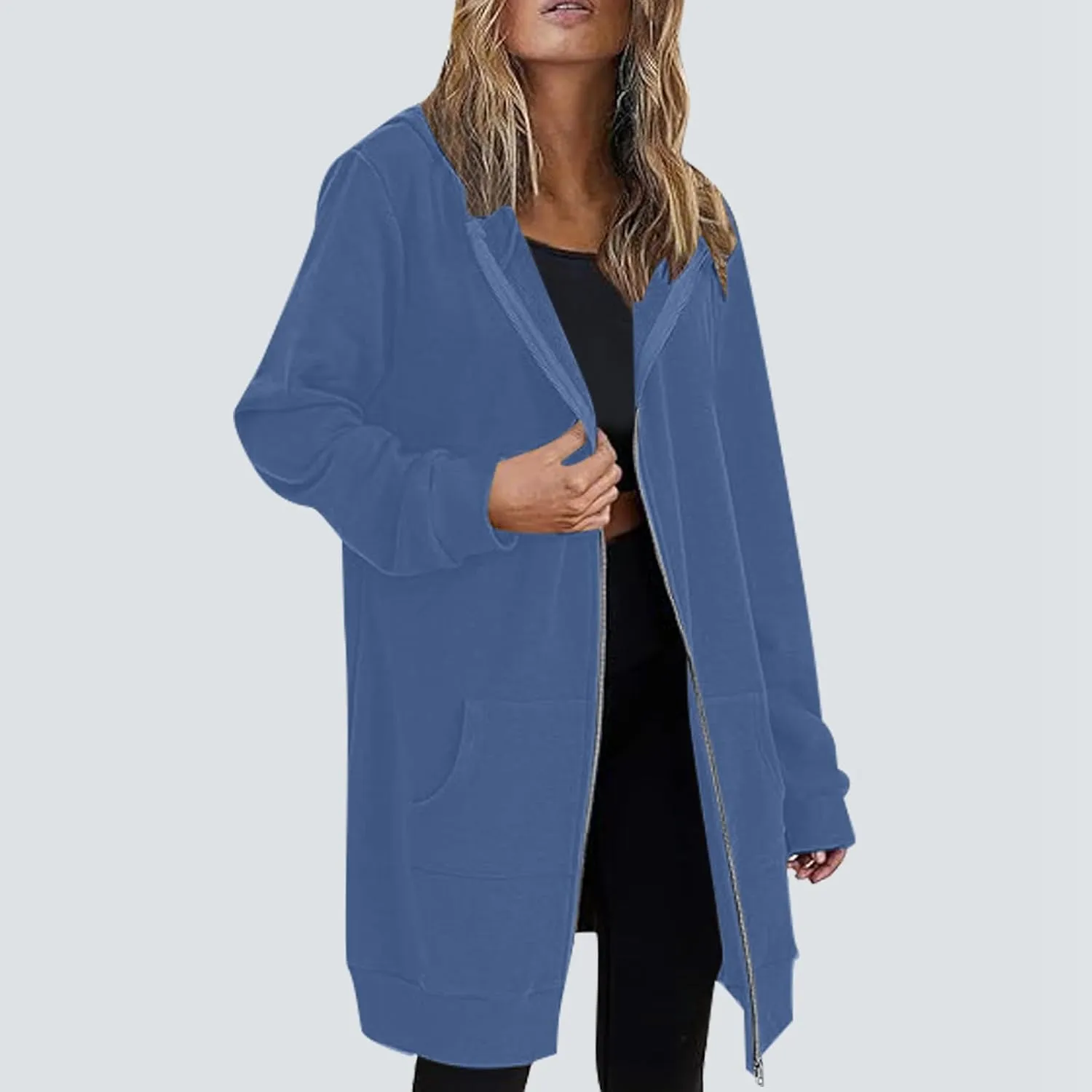 Full Zip Up Hoodies for Women Lightweight Long Sleeve Long Tunic Sweatshirt Oversize Casual Loose Outdoor Jackets Pockets