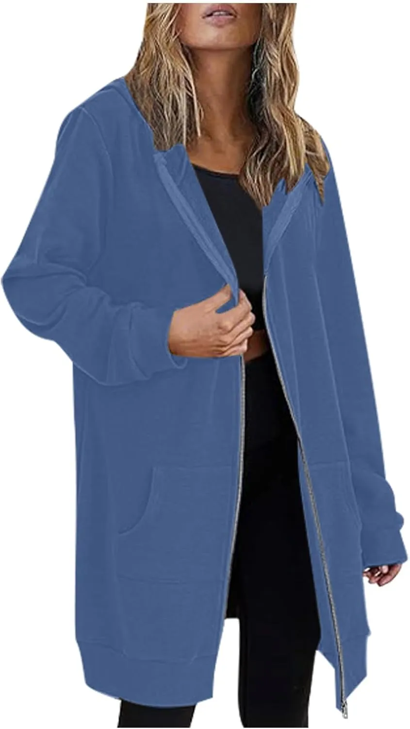 Full Zip Up Hoodies for Women Lightweight Long Sleeve Long Tunic Sweatshirt Oversize Casual Loose Outdoor Jackets Pockets