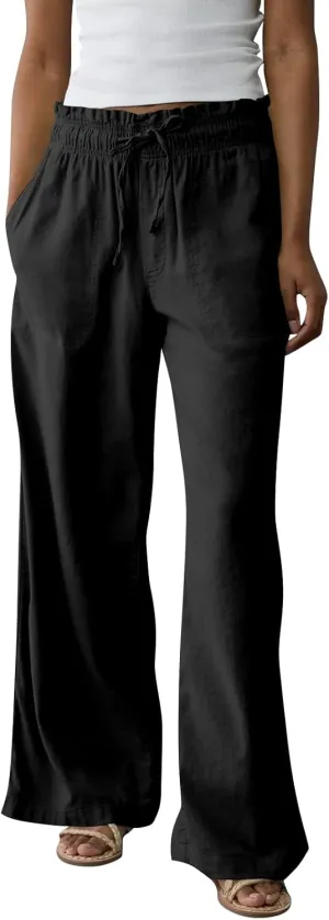GOFULY Wide Leg Pants for Women Cotton Lined Beach 2025 Elastic Waist Drawstring Summer Pants High Waisted Solid Clothes