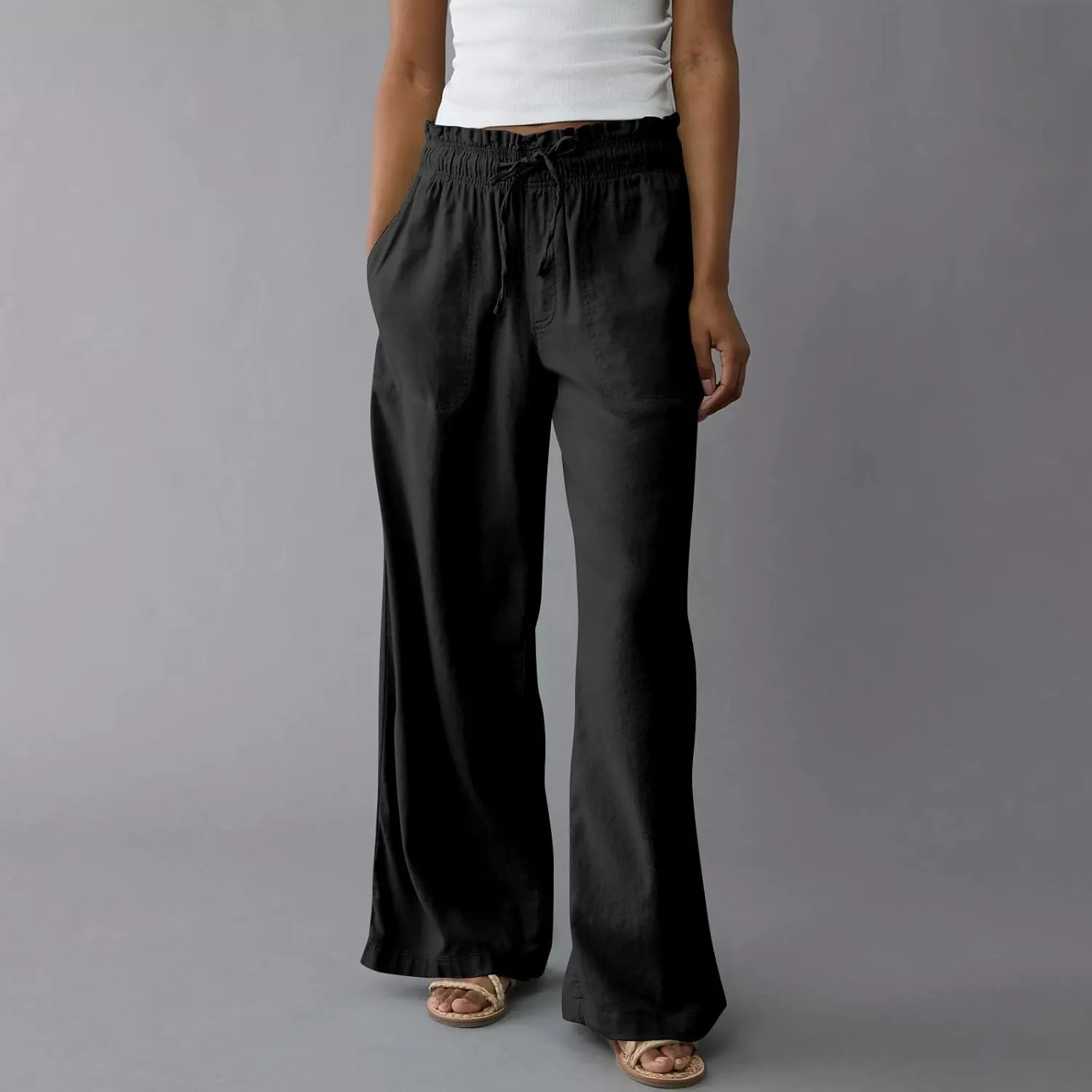 GOFULY Wide Leg Pants for Women Cotton Lined Beach 2025 Elastic Waist Drawstring Summer Pants High Waisted Solid Clothes