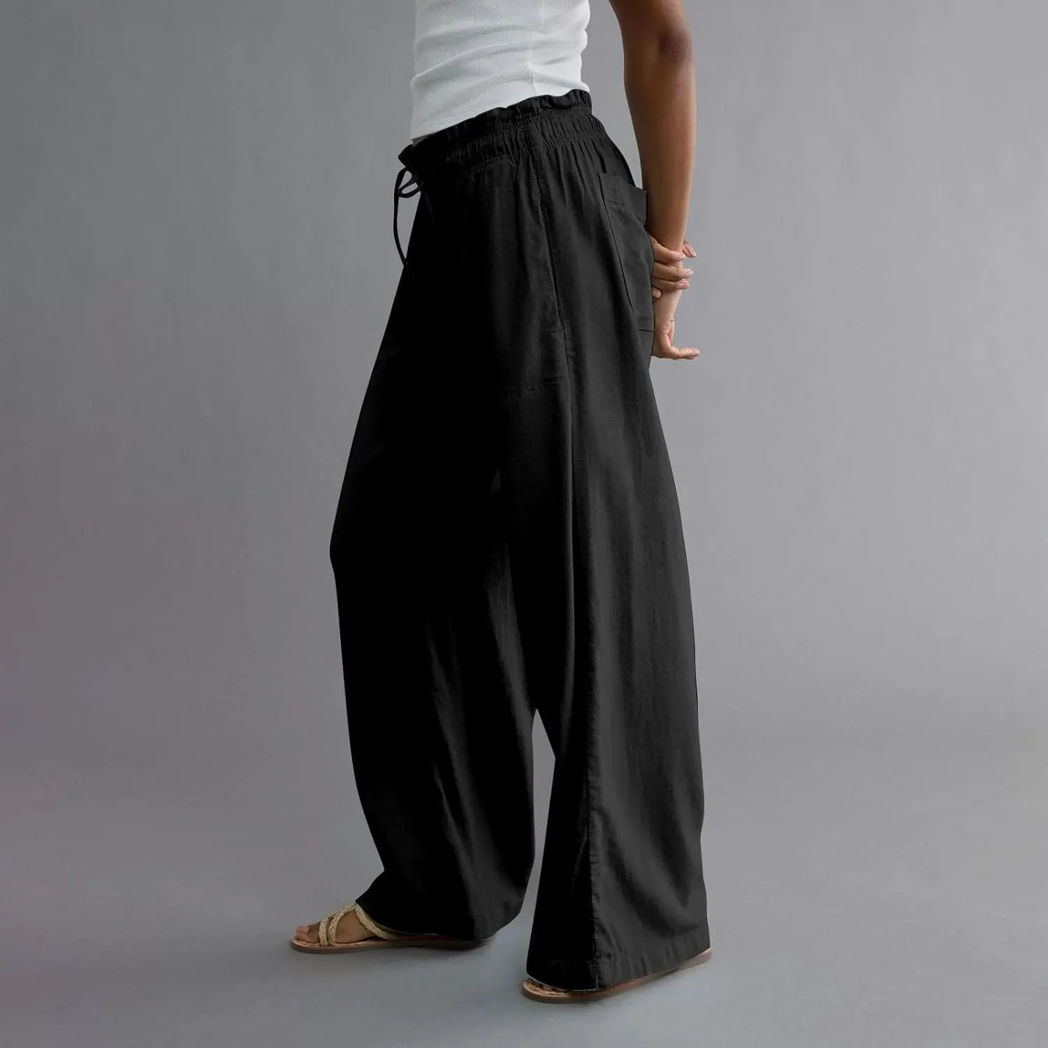 GOFULY Wide Leg Pants for Women Cotton Lined Beach 2025 Elastic Waist Drawstring Summer Pants High Waisted Solid Clothes