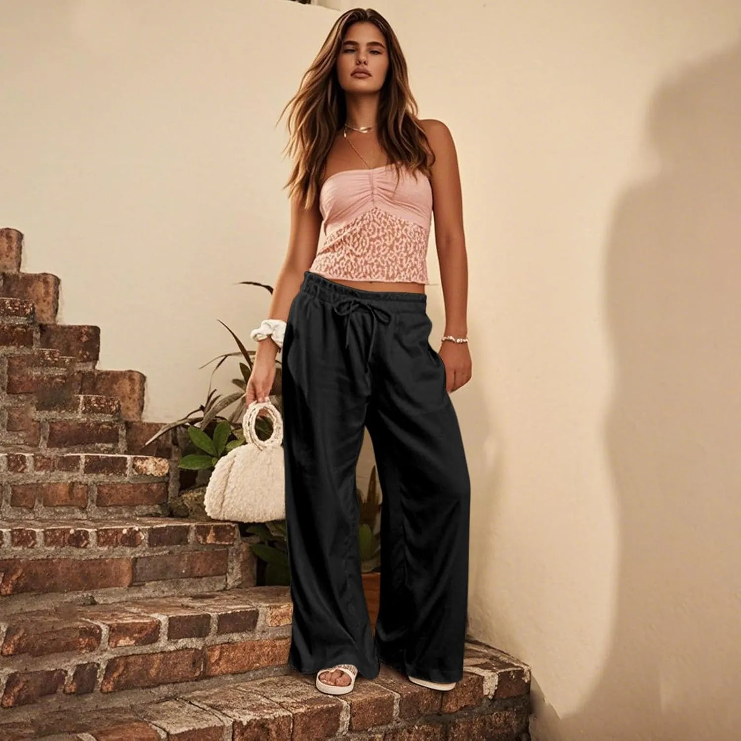GOFULY Wide Leg Pants for Women Cotton Lined Beach 2025 Elastic Waist Drawstring Summer Pants High Waisted Solid Clothes