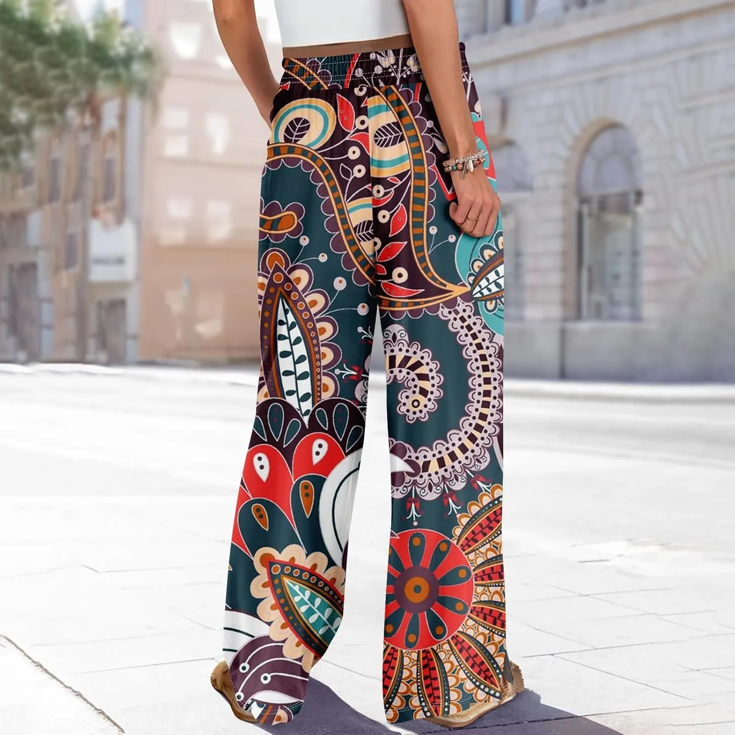 GOFULY Wide Leg Pants for Women Summer Floral Print High Waistd Pants Elastic Waist Drawstring Side Slit Pockets Trousers