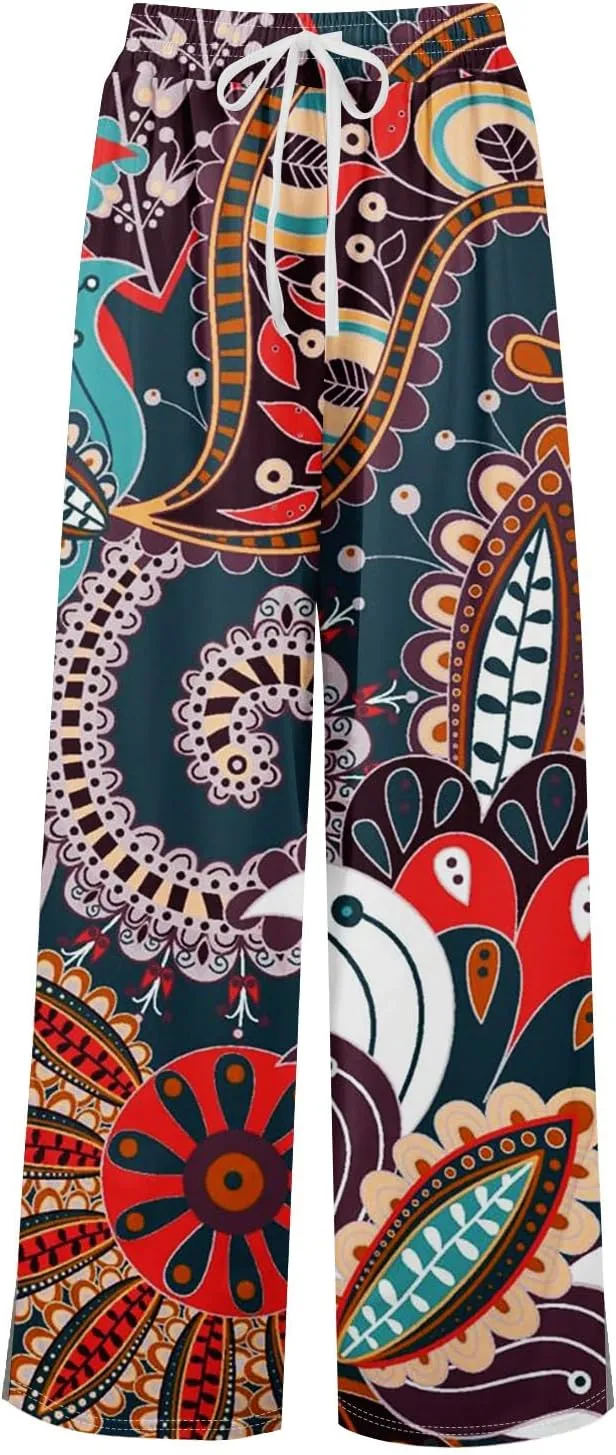 GOFULY Wide Leg Pants for Women Summer Floral Print High Waistd Pants Elastic Waist Drawstring Side Slit Pockets Trousers