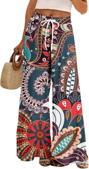 GOFULY Wide Leg Pants for Women Summer Floral Print High Waistd Pants Elastic Waist Drawstring Side Slit Pockets Trousers