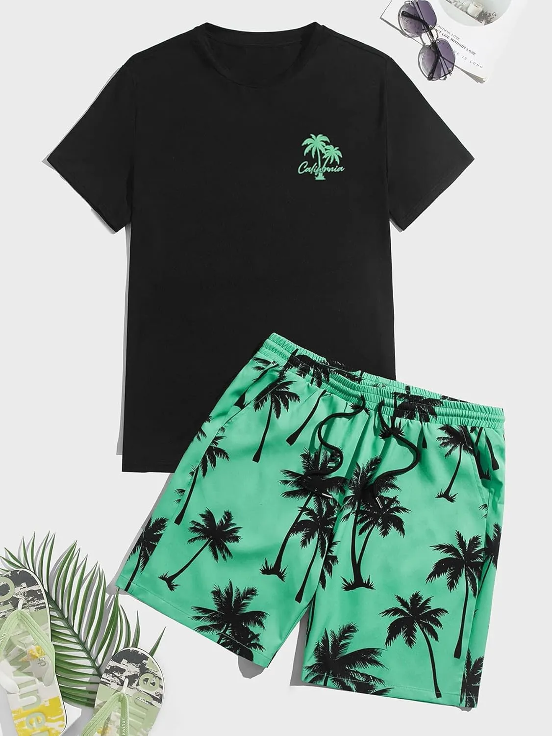 GORGLITTER Men's 2 Piece Short Sleeve Graphic Tee Hawaiian Printed Drawstring Shorts Set